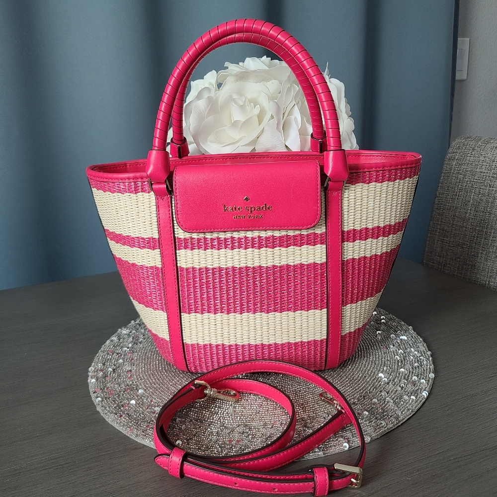 Like New - Kate Spade Straw Satchel  w/crossbody strap - Picture 16 of 16